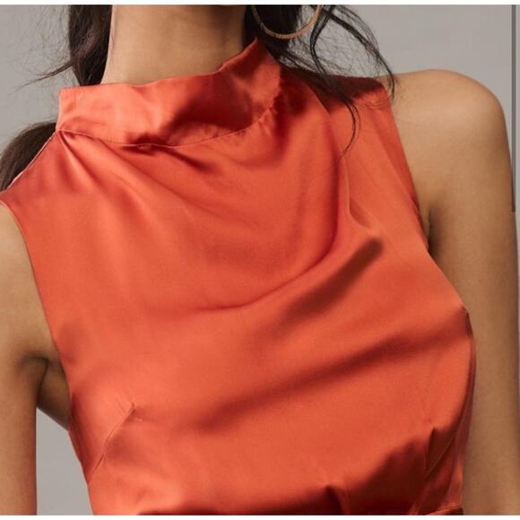 By Anthropologie Mock-Neck Draped Silk Dress Paprika Size 10 - Picture 2 of 11